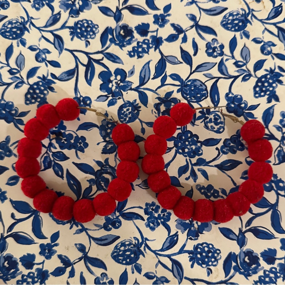 Red Pom Pom Hoop Earrings